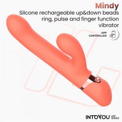 Коралловый вибратор-кролик с кольцом из бусин и имитацией фингеринга Mindy