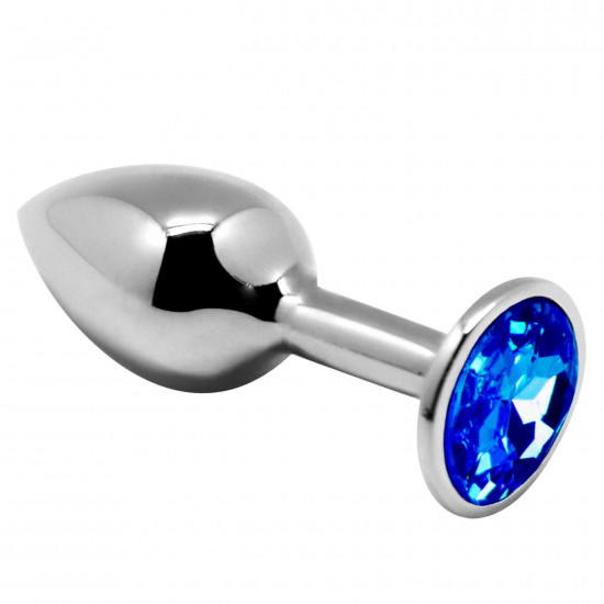Серебристая анальная втулка с синим кристаллом Mini Metal Butt L - 9 см.