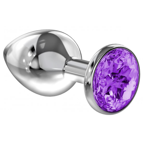 Малая серебристая анальная пробка Diamond Purple Sparkle Small с фиолетовым кристаллом - 7 см.