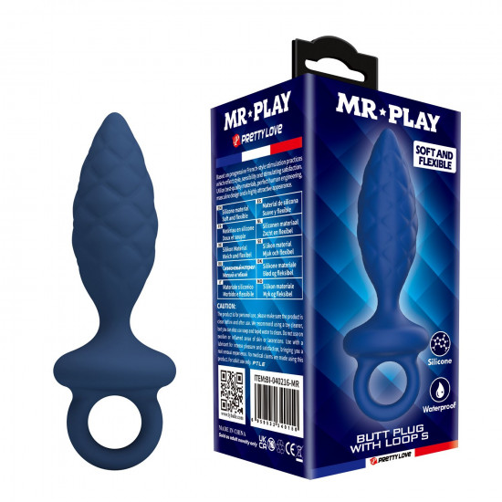 Синяя анальная пробка с кольцом Butt Plug with Loop S - 11,5 см.