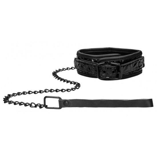 Черный широкий ошейник с поводком Luxury Collar with Leash