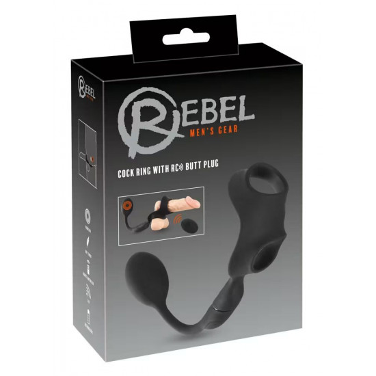 Черное виброкольцо с анальной пробкой Cock Ring with RC Butt Plug