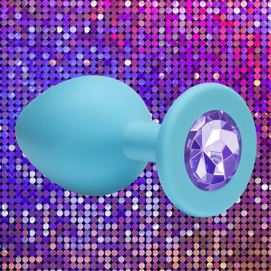 Голубая анальная пробка Cutie Small с фиолетовым кристаллом - 7,5 см.