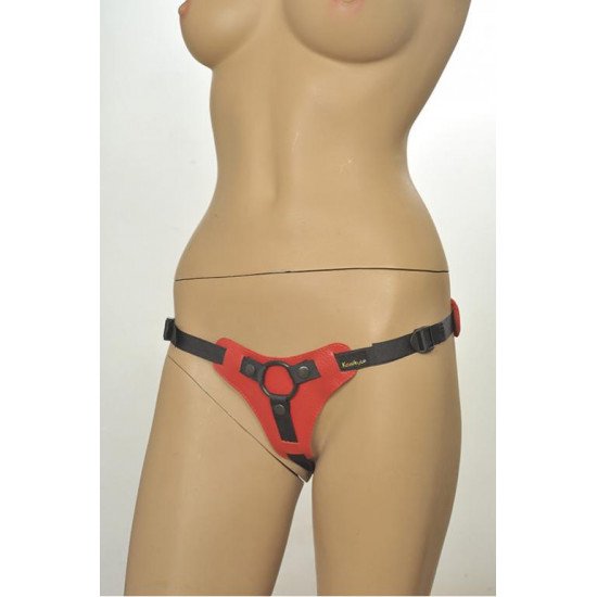 Красно-чёрные трусики для фиксации насадок кольцом Kanikule Leather Strap-on Harness  Anatomic Thong