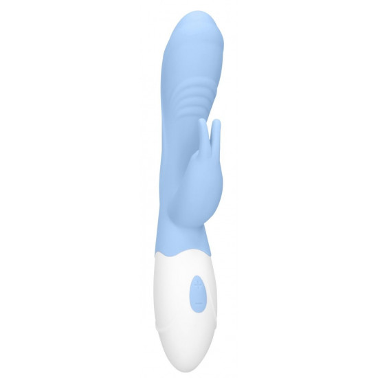 Голубой вибратор Juicy Rabbit со стимулятором клитора - 19,5 см.