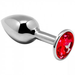 Серебристая анальная втулка с красным кристаллом Mini Metal Butt Plug Size S - 7 см.