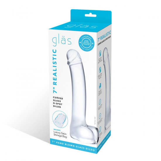 Прозрачный стеклянный фаллос с мошонкой Curved G-Spot - 18 см.