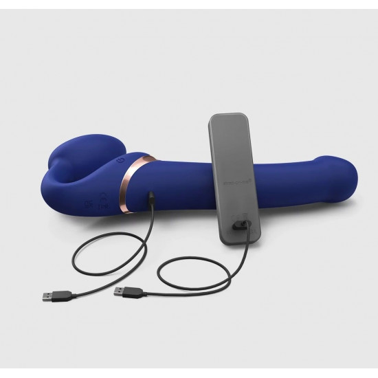 Синий безремневой страпон Multi Orgasm Bendable Strap-On size L с клиторальной стимуляцией