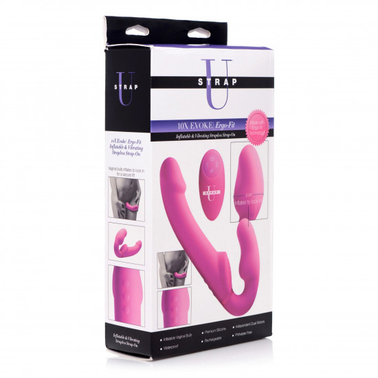 Розовый безремневой страпон с вибрацией и функцией расширения Inflatable Ergo-Fit Strapless Strap-On
