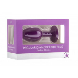 Фиолетовая анальная пробка OUCH! Regular Diamond Butt Plug с прозрачным кристаллом - 7,3 см.