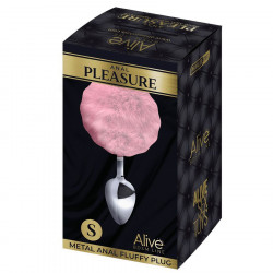 Серебристая анальная втулка с розовым хвостиком Alive Metal Anal Fluffly Plug S