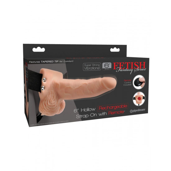 Телесный перезаряжаемый вибрострапон 6  Hollow Rechargeable Strap-On Remote - 17,5 см.