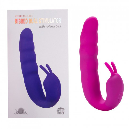 Розовый вибратор Ribbed Dual Stimulator with Rolling Ball - 17 см.