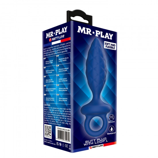 Синяя анальная пробка с кольцом Butt Plug with Loop L - 15,7 см.