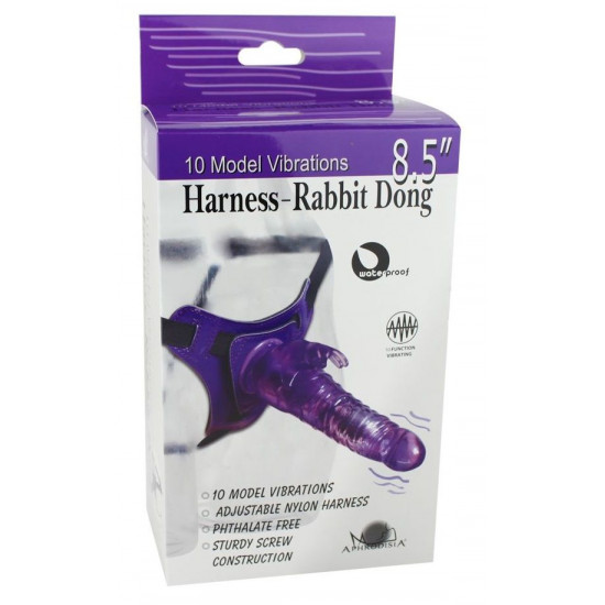 Розовый страпон 10 Mode Vibrations 8.5  Harness Rabbit Dong - 19 см.