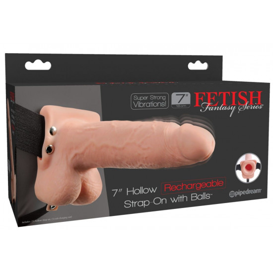 Телесный перезаряжаемый вибрострапон 7  Hollow Rechargeable Strap-on with Balls - 20,3 см.