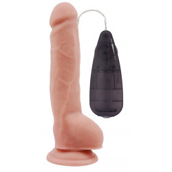 Телесный вибратор с мошонкой на присоске Extra Fun Vibrating Dildo - 23,5 см.